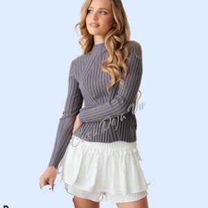Comfy Stretchy Mock Neck Ribbed Long Sleeve Heather Grey Sexy Top
